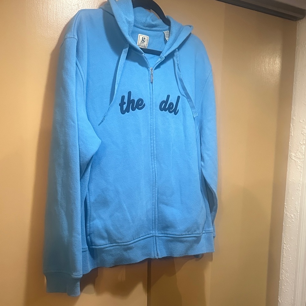 Blue Zip-Up Hoodie with Navy Text